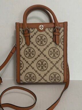 Tory Burch Beige Logo Jacquard Mini Crossbody with Tan Leather Trim